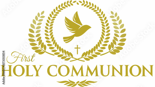 Elegant gold First Holy Communion logo with dove and cross