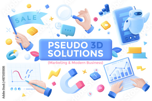 Businesspeople hands working and digital commerce tools isolated on white. Marketing and modern business Pseudo 3d solutions set. Corporate strategy development illustrations of web design