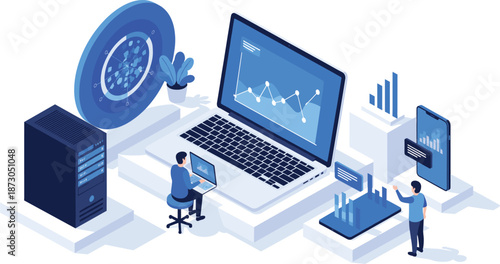 Isometric Big Data Analytics and Business Intelligence Concept with Server Infrastructure, Digital Dashboard, Performance Charts, and Team Analysis Flat Vector Illustration
