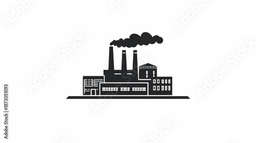 Industrial Factory Building with Smokestacks Emitting Smoke.