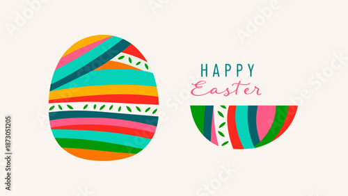 Vibrant Easter eggs with Happy Easter text on cream background