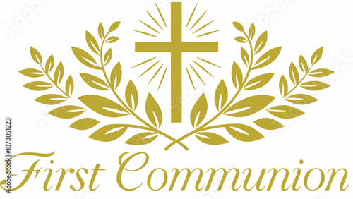 Elegant First Communion logo with cross and laurel wreath