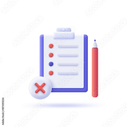 3d cartoon vector illustration. Clipboard with red x mark. Denied or rejected checklist questionnaire form. Document verification and disapproval concept.
