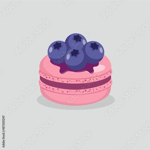 Sweet Pink Blueberry Macaron with Fresh Berry Toppings Illustration.