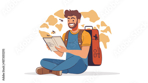 Man Sitting with Backpack and Map.