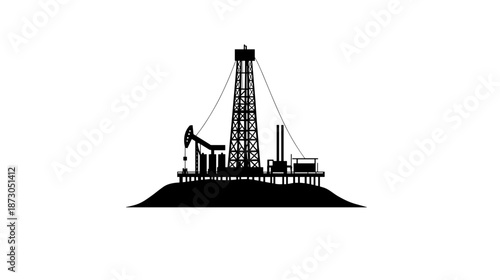 Oil Rig Silhouette Illustration on White.