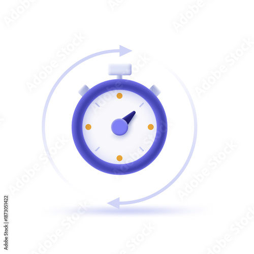 Round stopwatch icon with circular arrows for time management concept. Business efficiency and repeated process metaphor. 3D cartoon vector illustration.
