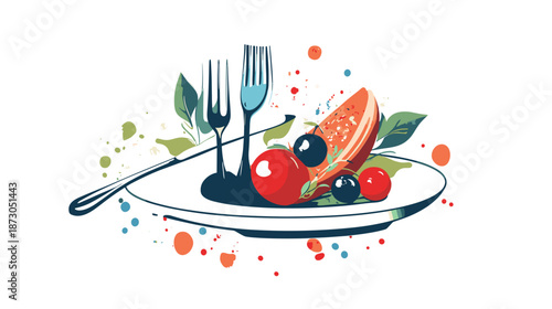 Plate with Fruits and Utensils Illustration.