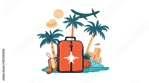 Red Suitcase with Airplane Label and Travel.