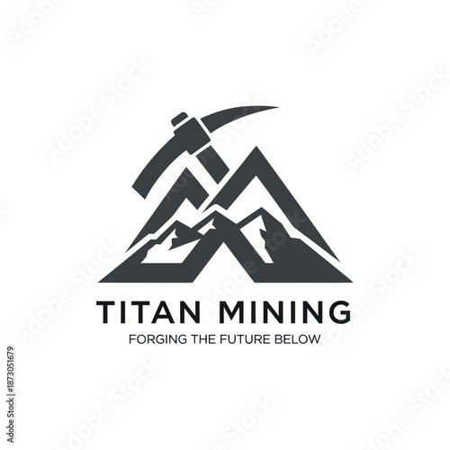 Titan Mining Logo with Pickaxe and Mountains.