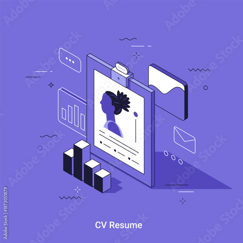 Isometric thin line vector illustration of a job seeker's resume or curriculum vitae on a clipboard, representing a hiring or recruitment process.