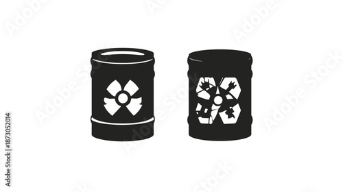 Two Black Barrels with Hazard Symbols.