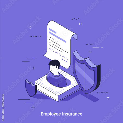 Isometric vector illustration with man inside document with shields. Employee insurance concept. Corporate protection plan and benefits. Healthcare and security.