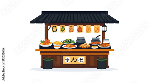 Traditional Asian Street Food Stall Illustration.