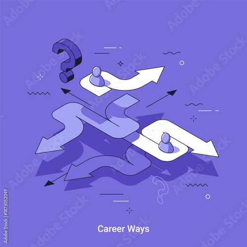 Isometric vector illustration, metaphor for trying to choose career path on confusing road with question mark. Business decision making and strategy concept for professional development.