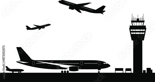 Airport Scene With Airplanes And Control Tower Silhouettes aircraft