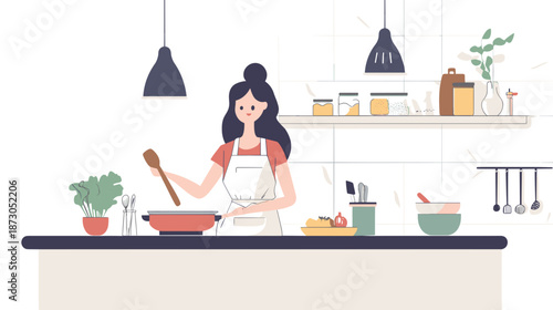 Woman Cooking in Modern Kitchen Illustration.