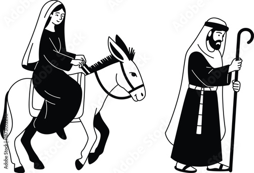 Black and white illustration of Mary riding a donkey with Joseph walking beside her nativity bible