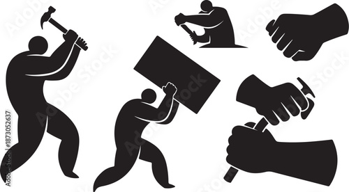 Black silhouettes of people protesting with signs and hammers strongly