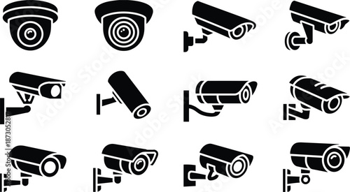 Collection of Black Security Camera Icons on White Background surveillance camera cctv