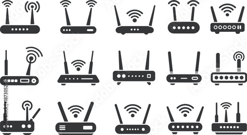Collection of black silhouette icons of wireless internet routers and modems Keywords: router, wifi, internet, network