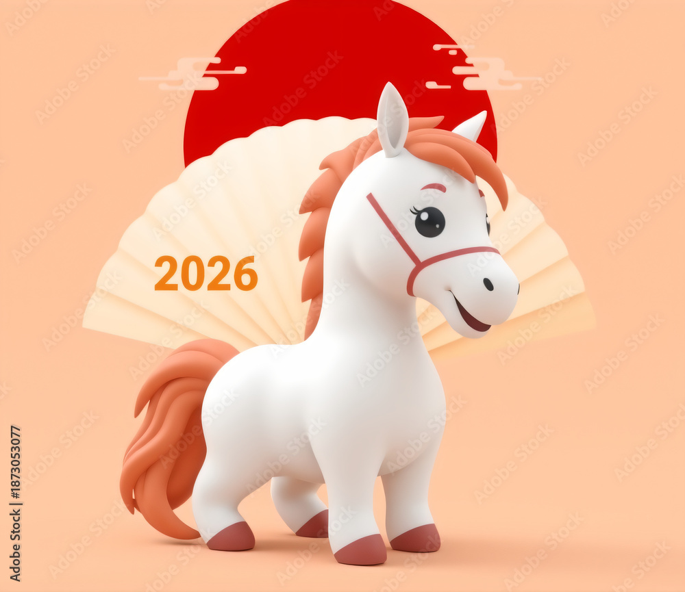Fototapeta premium 3D render of a white horse mascot for 2026 Japanese Zodiac, with a red sun fan and soft decorative clouds.