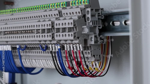 Electrical screw terminals for connecting wires in an electrical switchboard. Soft focus. Close-up.