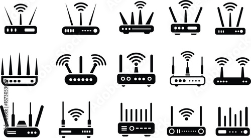Collection of Black Wi- Fi Router and Modem Icons with Antennas and Signal Waves wifi internet