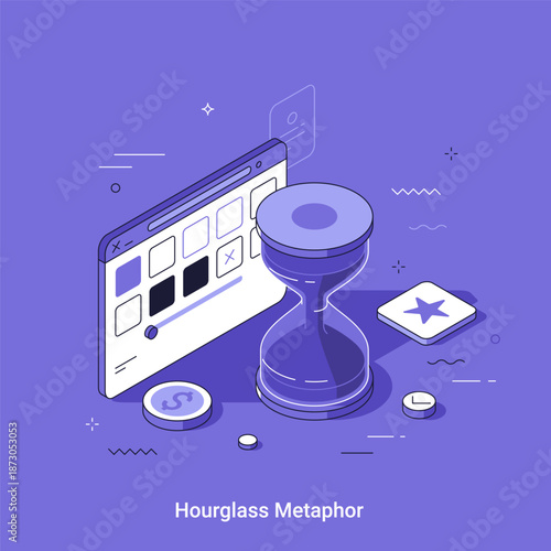 Isometric inear vector illustration. Time management and prioritization concept illustrated with an hourglass next to a browser interface showing selectable options.