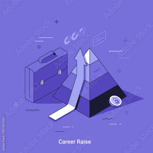 Isometric linear vector illustration. Business briefcase and ascending arrow climbing a pyramid, representing career raise, promotion, and professional development or financial growth concept.