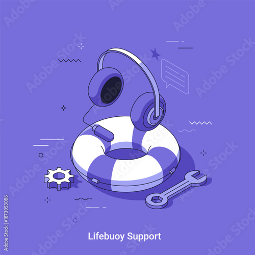 Headset, lifebuoy, and wrench in thin line isometric vector illustration. Customer support and technical assistance concept. Help desk for business