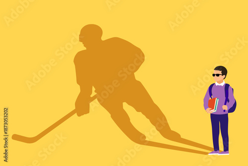 Boy with his shadow as hockey player. Future Career Dreaming conept