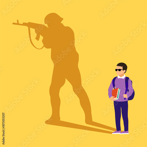 Boy with his shadow as soldier. Future Career Dreaming conept