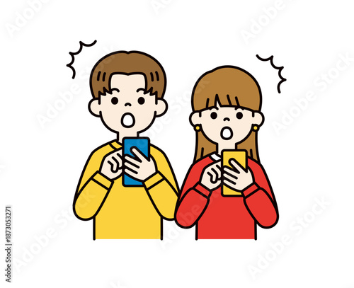 スマートフォンの画面を見て驚く、10代・20代の男性と女性のベクターイラスト素材セット＿カラー