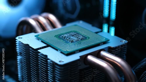 Macro shot of a computer CPU processor on a heatsink with copper heatpipes and blue ambient light