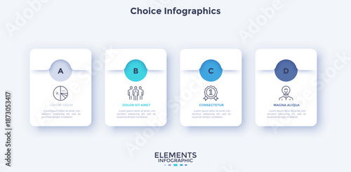 Vector illustration with four options for choice infographics. Modern business presentation slide template with three steps. Data visualization for report.