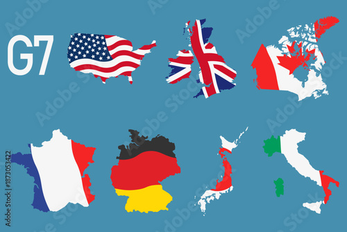 Group of Seven (G7), infographic and map. Worlds largest advanced economies.