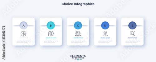 Vector illustration with five options for choice infographics. Modern business presentation slide template with three steps. Data visualization for report.