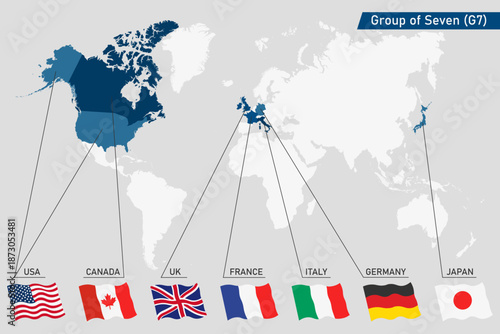 Group of Seven (G7), infographic and map. Worlds largest advanced economies.