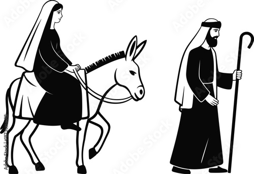 Nativity Scene Figures Mary Riding Donkey and Joseph with Staff vector illustration