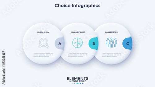 Vector illustration with three round elements with text and icons, representing a choice infographic or a steps process. Modern business presentation slide template.