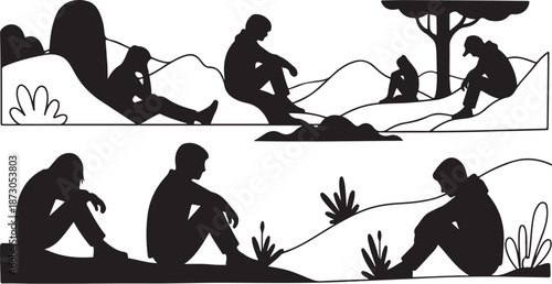 Silhouettes of people sitting in various contemplative poses outdoors