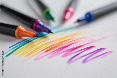 Vibrant assortment of colorful markers arranged on a white surface, showcasing a spectrum of hues with artistic strokes, ideal for creative projects and design inspiration