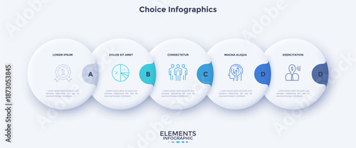 Vector illustration with five round elements with text and icons, representing a choice infographic or a steps process. Modern business presentation slide template.