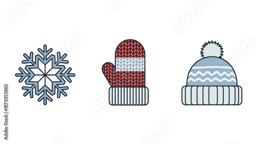 Three distinct winter-themed items including a blue snowflake, a red and white knitted mitten, and a blue and white knitted winter hat with a pompom.