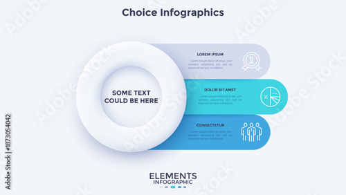 Vector illustration with circular 3d element with three horizontal text blocks on side. Modern business infographic template with steps for presentation slide background.