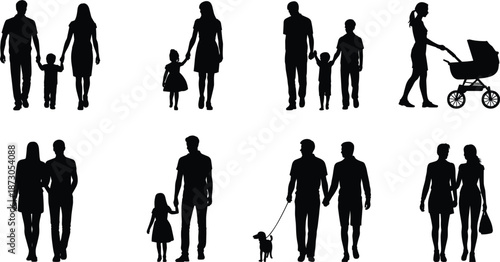 Silhouette Families Walking Together with Children and Stroller family people