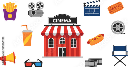 Cinema, movie, theater, entertainment, popcorn, soda, hotdog, ticket, projector, clapperboard, reel, 3D, glasses, megaphone, director, chair, building, colorful, film, experience