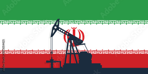 Oil rig pumpjack background. Iran petroleum industry. Islamic republic of iran flag. Crude oil