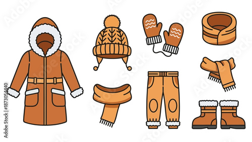 Winter clothing set including parka, hat, gloves, scarf, pants, boots, and belt.